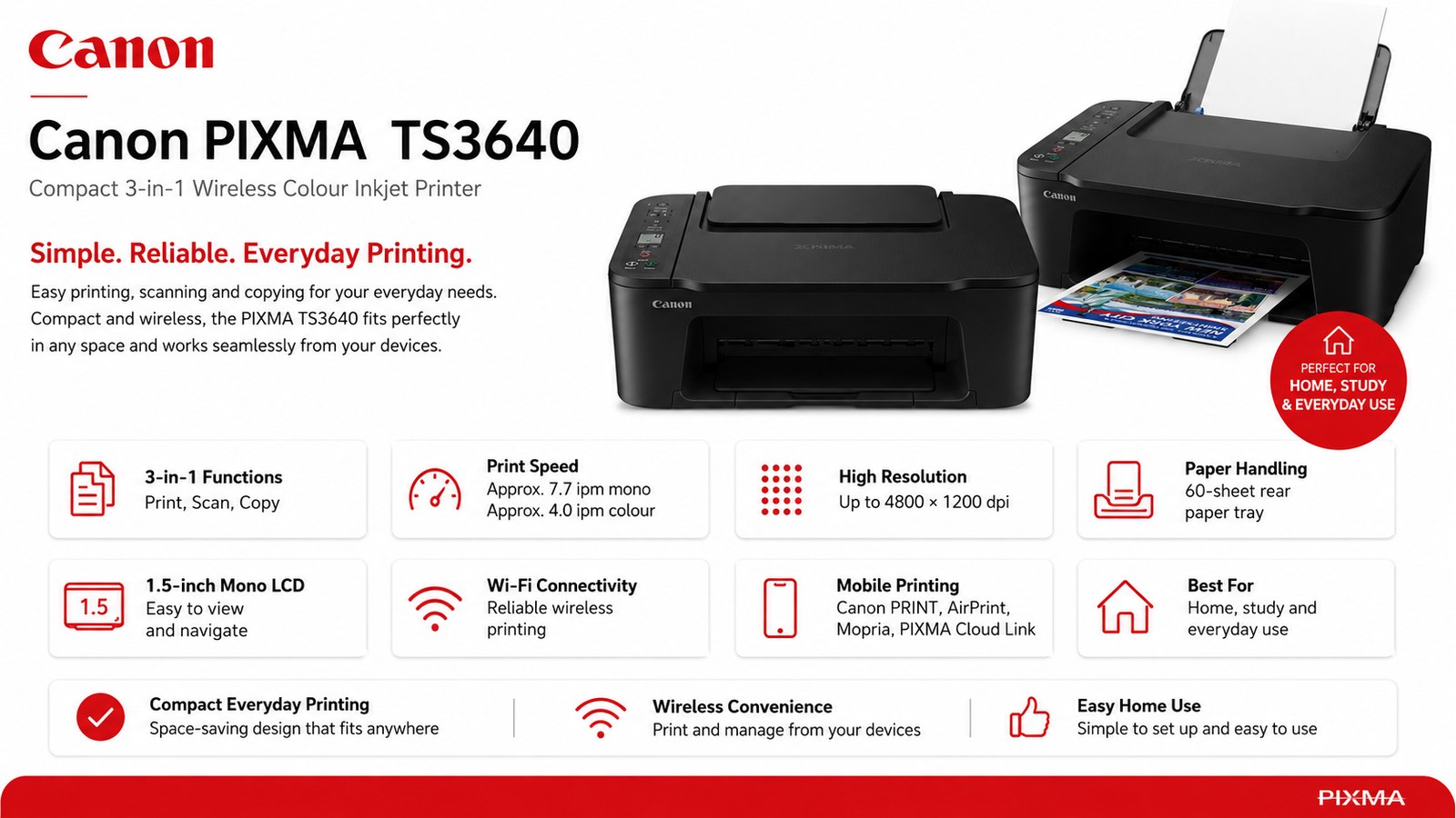 Canon PIXMA TS3640 Wireless 3-in-1 Colour Inkjet Printer, Print Scan Copy, Wi-Fi, 7.7ipm Mono, 4ipm Colour, 1.5-inch LCD, Black | TS3640
